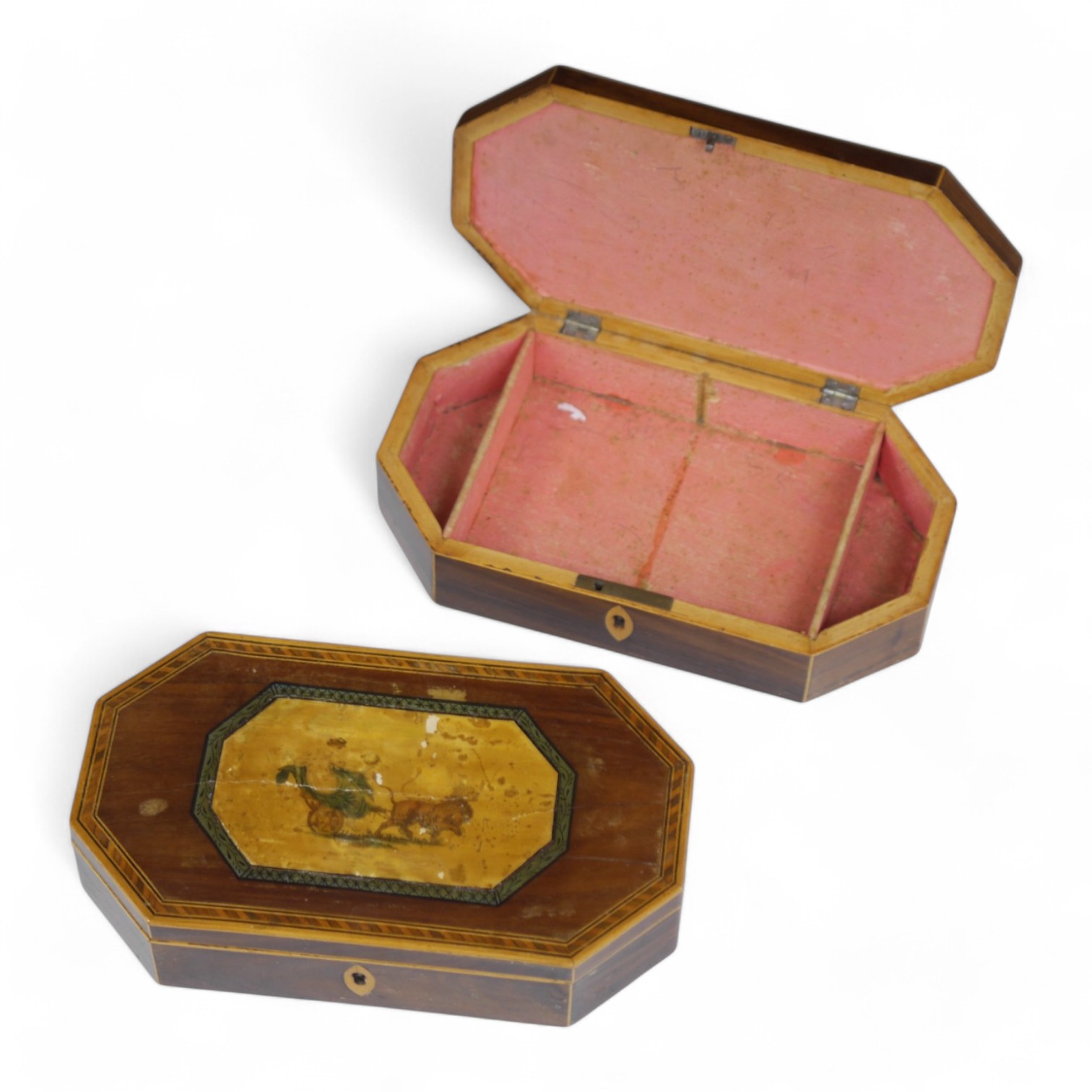 A pair of Regency octagonal boxes, with decorative central cartouche. 23cm wide x 12.5cm deep. Condition - cartouche lifting and marked